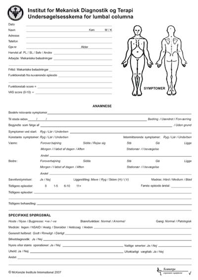 Undersøgelsesskema for lumbal columna