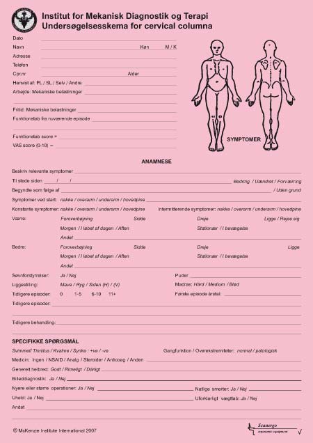 Undersøgelsesskema for cervical columna