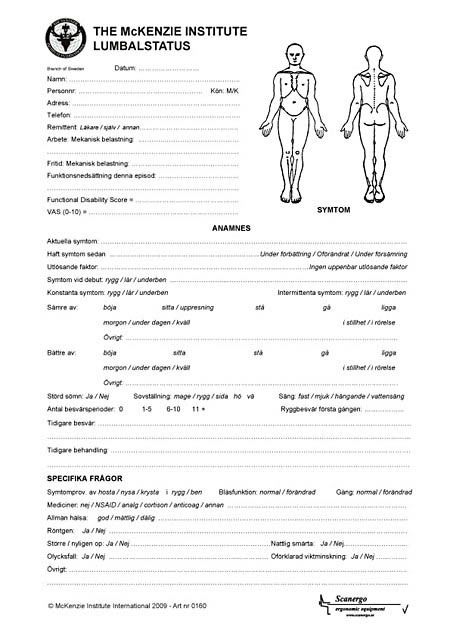 Lumbal Columna Statusblad på svenska
