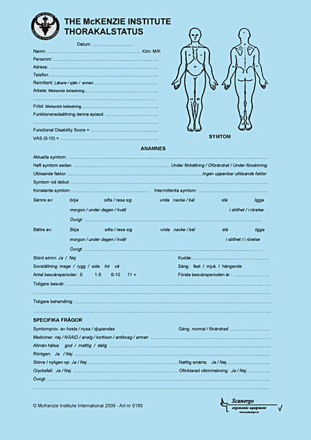 Thorakal Columna Statusblad på svenska